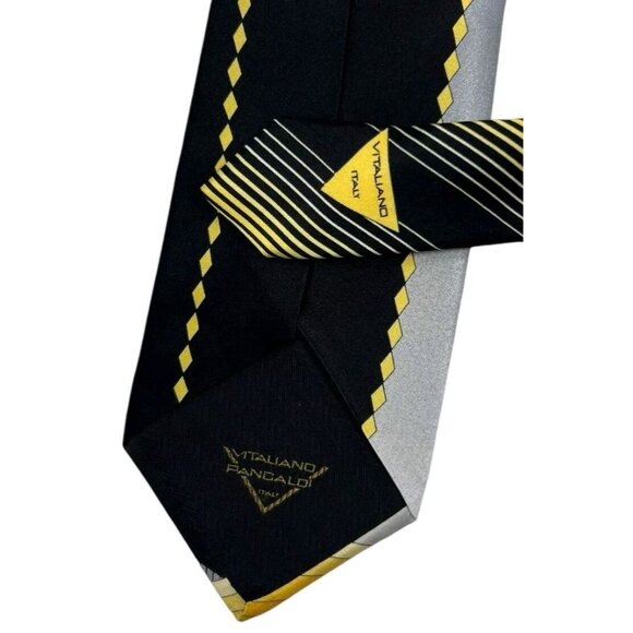 VITALIANO PANCALDI Men's Silk Necktie LUXURY Tie Black Gold Geometric W:3.7" EUC - Picture 7 of 7
